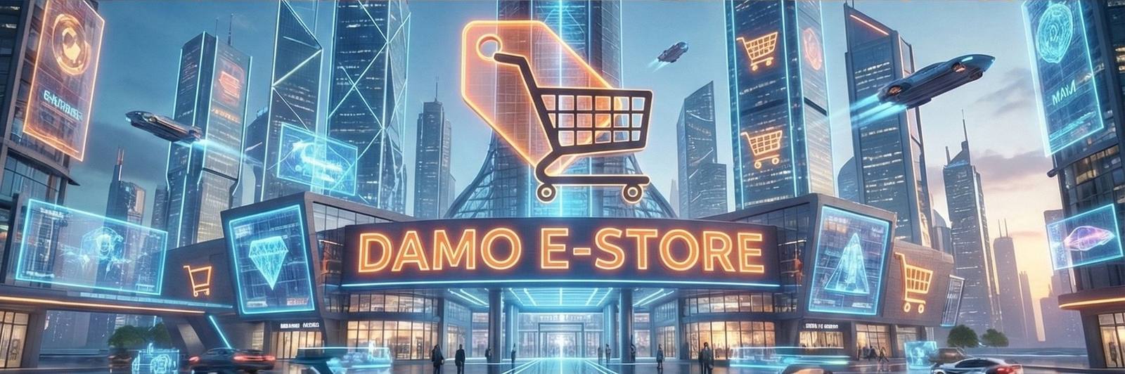DAMO E-STORE storefront in a futuristic city
